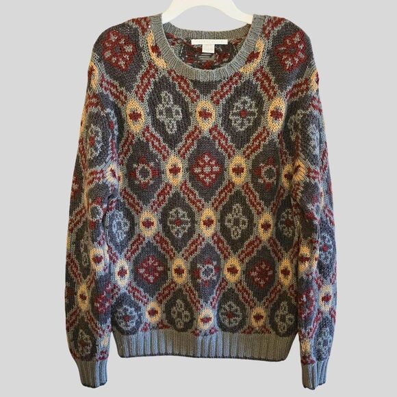 Vintage Perry Ellis Sweater Mens Size Large Burgundy Wool Tribal Knit Grunge 90s - Picture 1 of 14